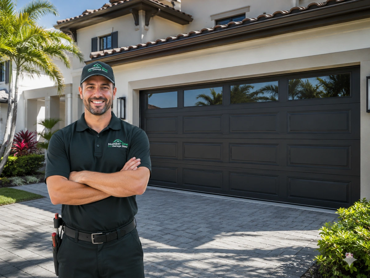Garage door technician working at a Jupiter Florida home